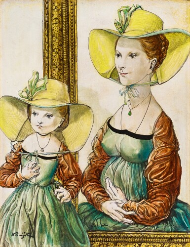 Huile sur toile Léonard Tsuguharu Foujita, le chapeau et sa maman