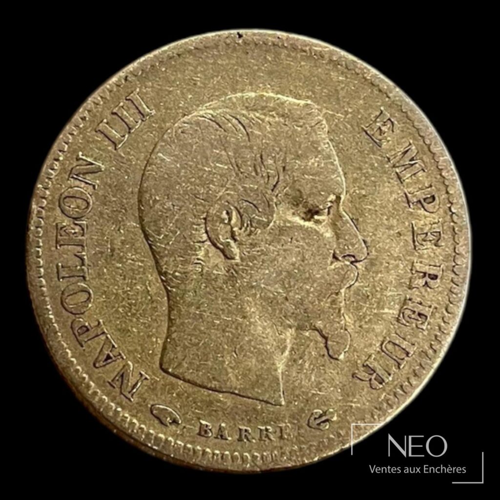 Avers d'une pièce de 10 francs or Napoléon III tête nue