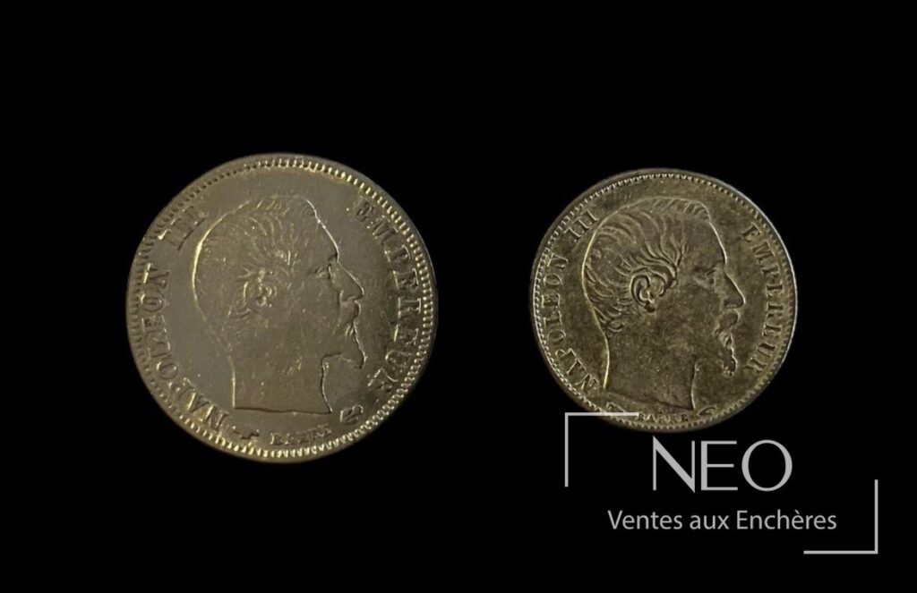 Deux pièces de 5 francs or montrant l'avers avec le profil de Napoléon III.