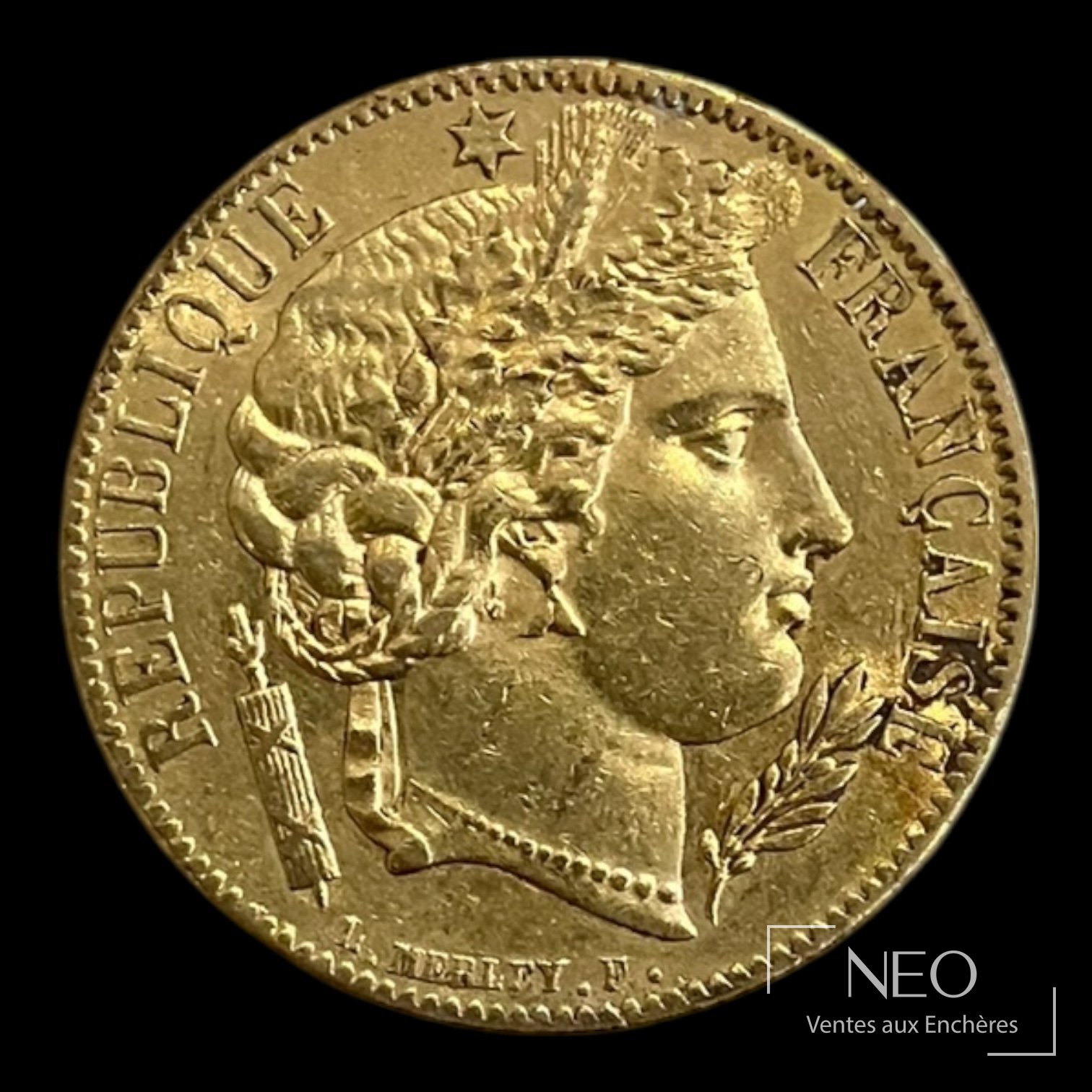 Avers d'une pièce de 20 francs Cérès avec profil féminin et légende République française