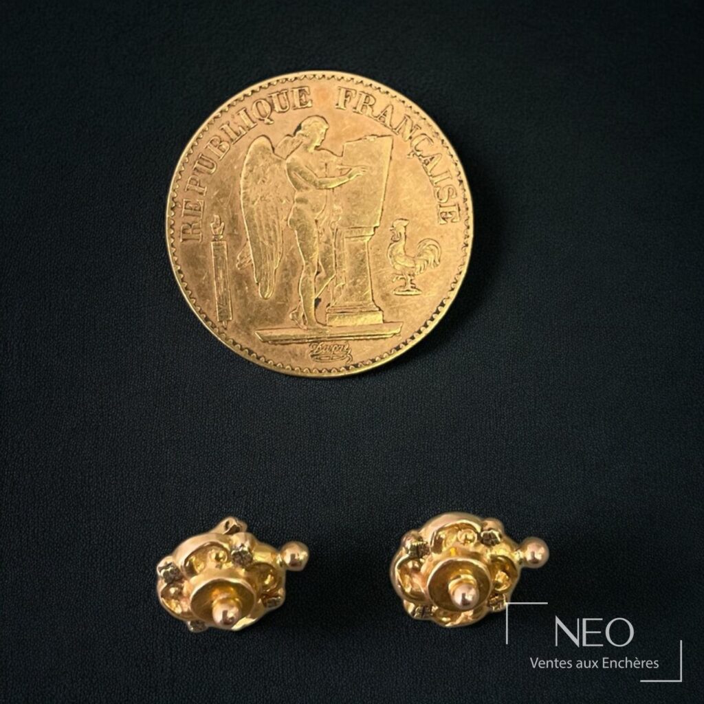 Pièce de 20 francs Génie ailé de 1890 avec une paire de puces d’oreilles en or jaune