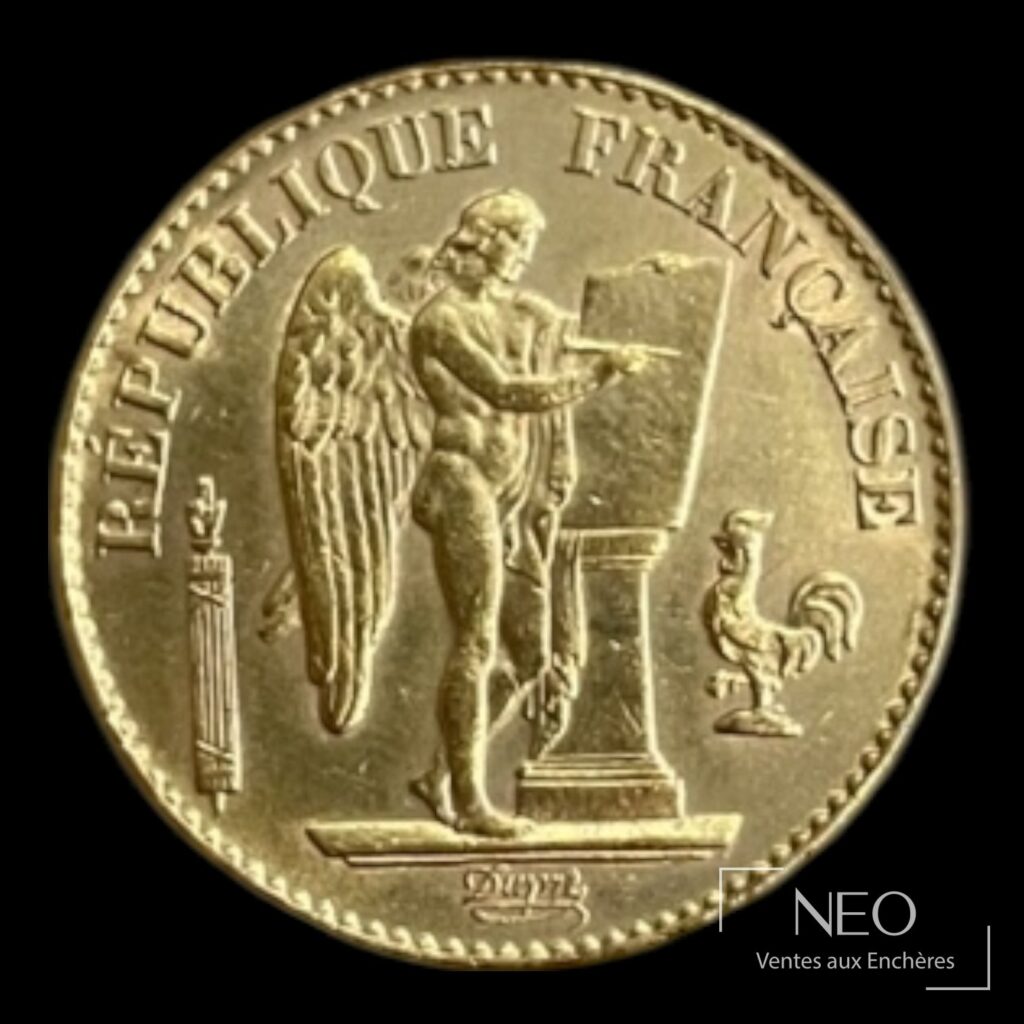 Avers d'une pièce 20 francs Génie ailé avec la légende République française