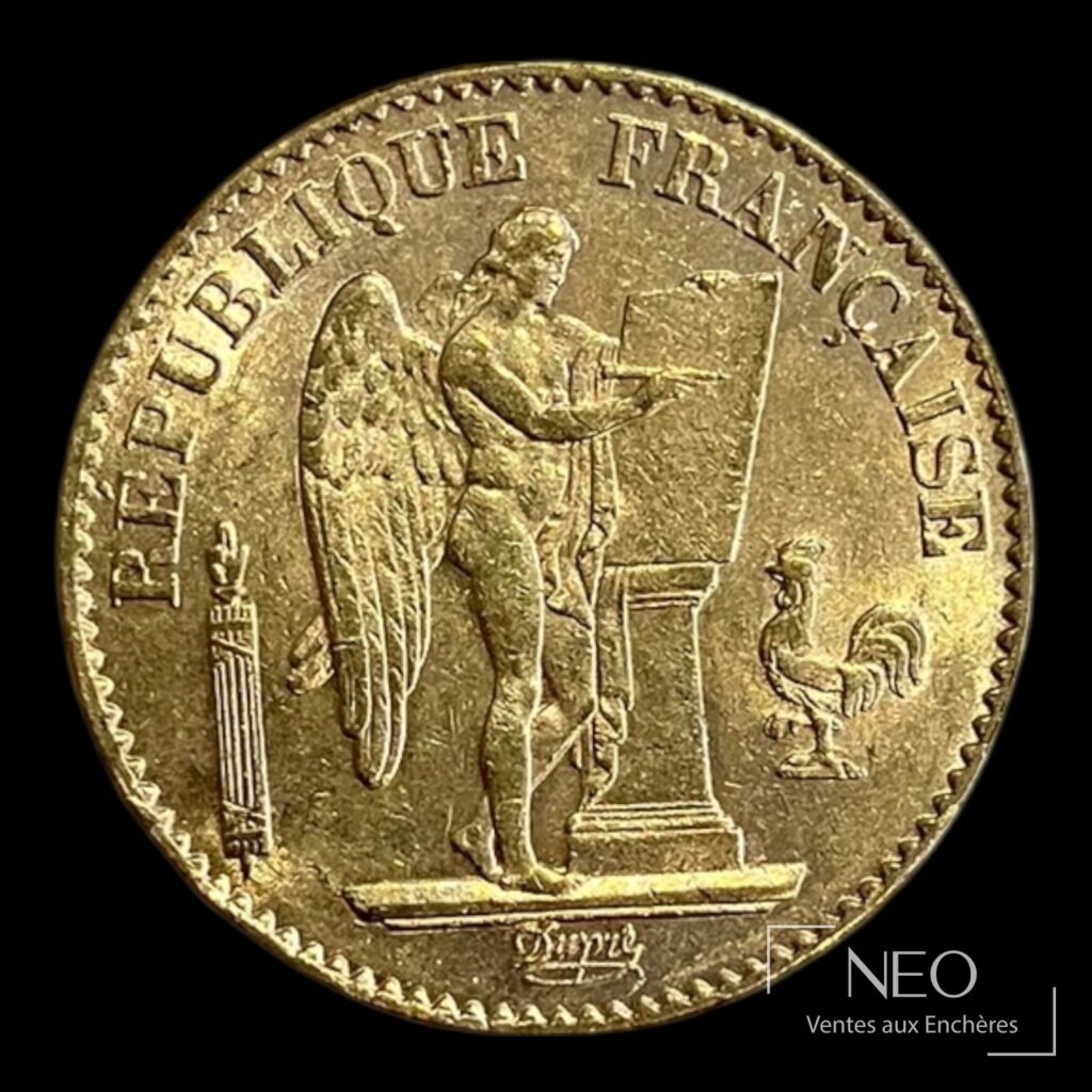 Avers d’une pièce de 20 francs Génie ailé avec la légende République française.