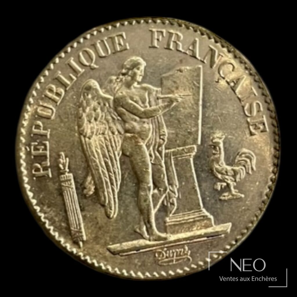 Avers d'une pièce de 20 francs Génie ailé avec la légende République française.