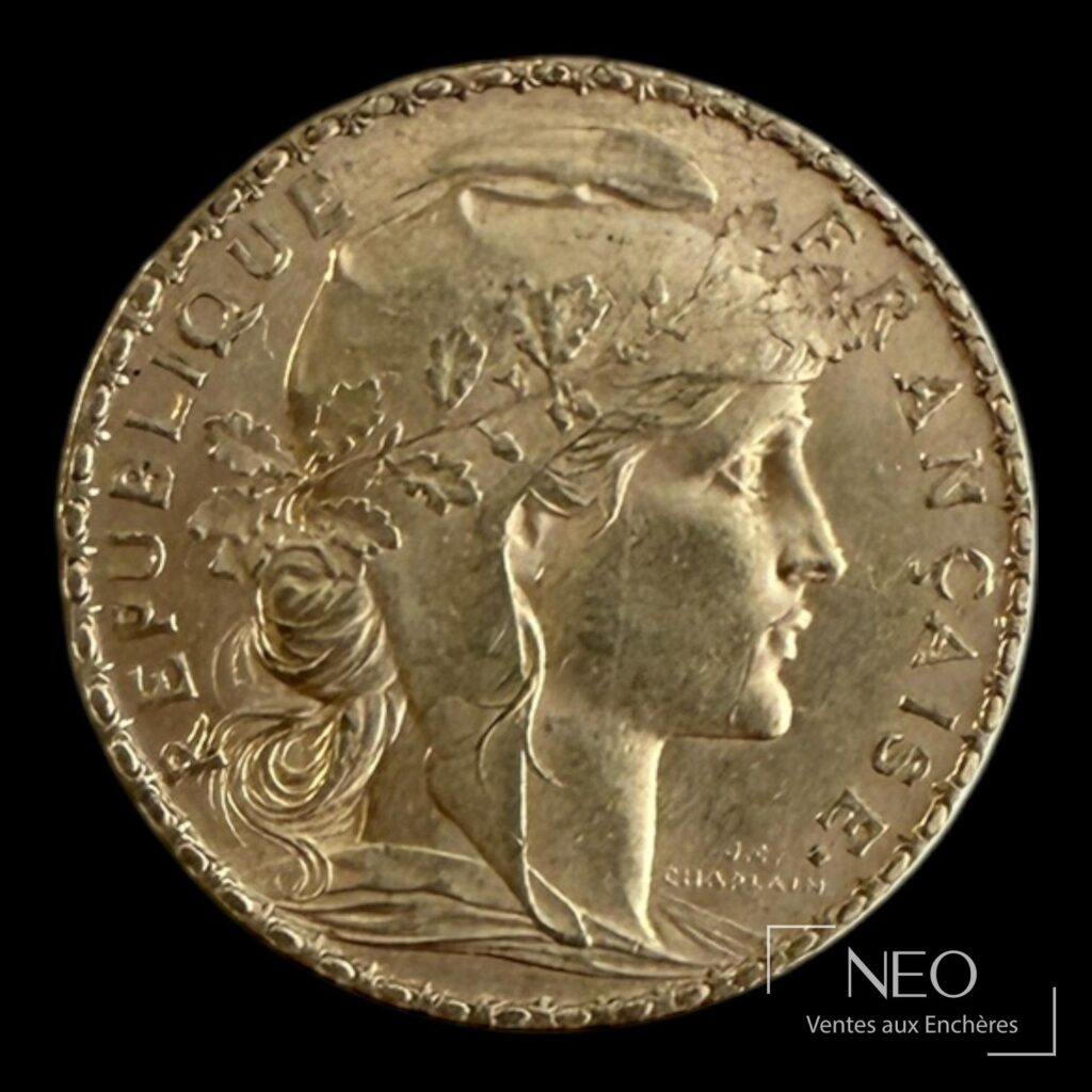 Avers d'une pièce 20 francs Marianne au coq avec le profil de Marianne et l'inscription République Française