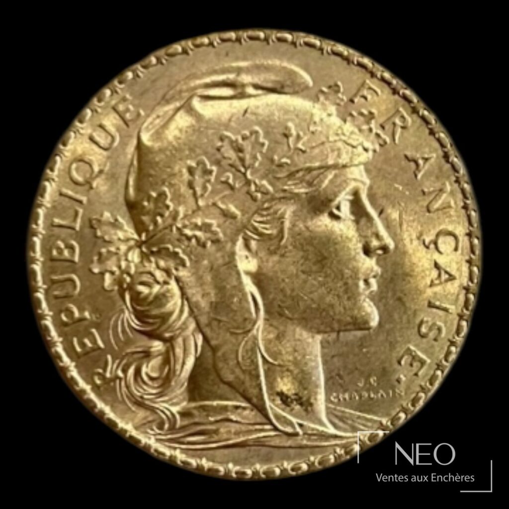 Avers d'une pièce de 20 francs Marianne au coq avec le profil de Marianne coiffée d'un bonnet phrygien.