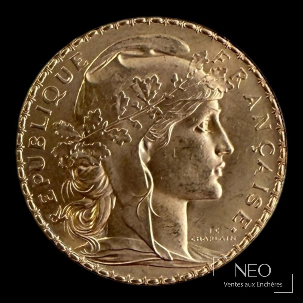 Avers d’une pièce de 20 francs Marianne au coq de 1907