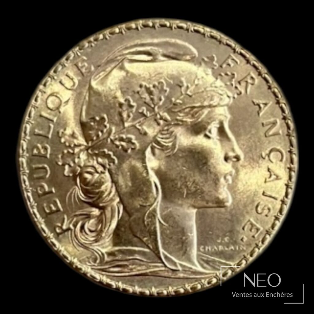 Avers d'une pièce de 20 francs Marianne au coq avec la tête de Marianne tournée vers la droite.