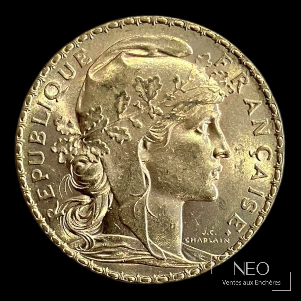Avers d'une pièce de 20 francs Marianne au coq avec le profil de Marianne et la légende République française.
