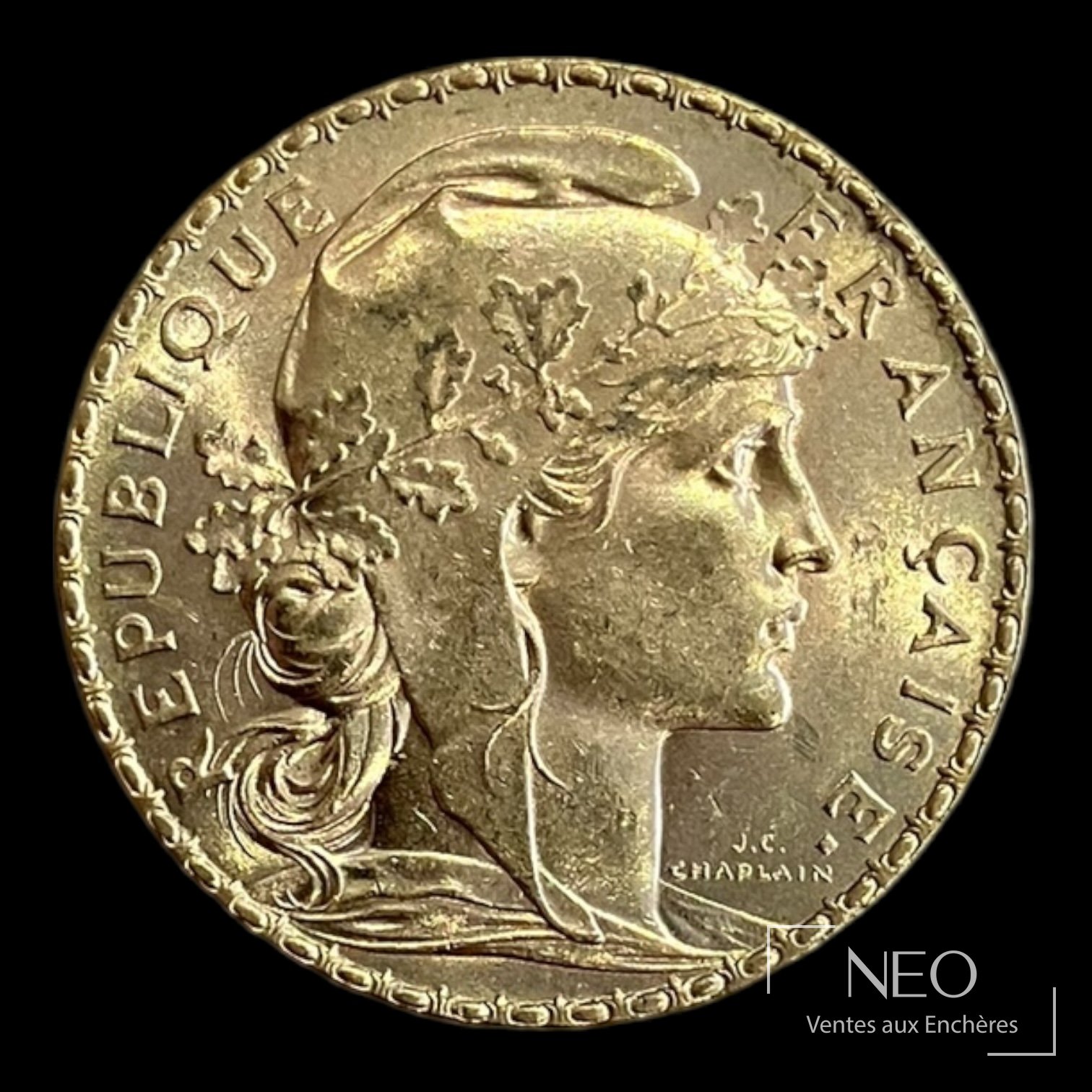Avers d'une pièce de 20 francs Marianne au coq avec le profil de Marianne et la légende République française.