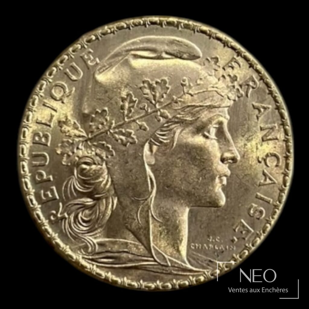 Avers d'une pièce 20 francs Marianne au coq en métal doré
