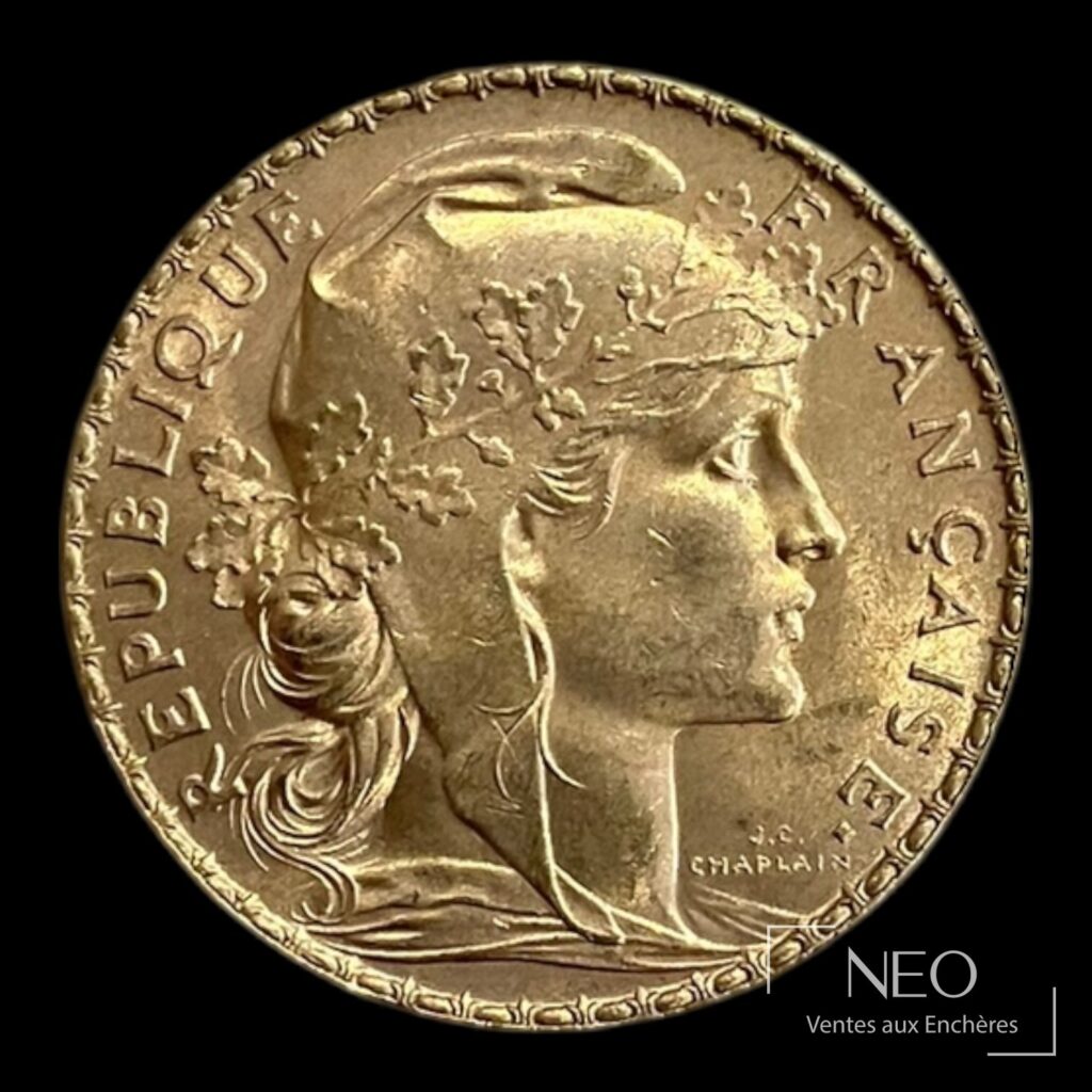 Avers d'une pièce de 20 francs Marianne au coq avec le profil de Marianne et la légende REPUBLIQUE FRANCAISE