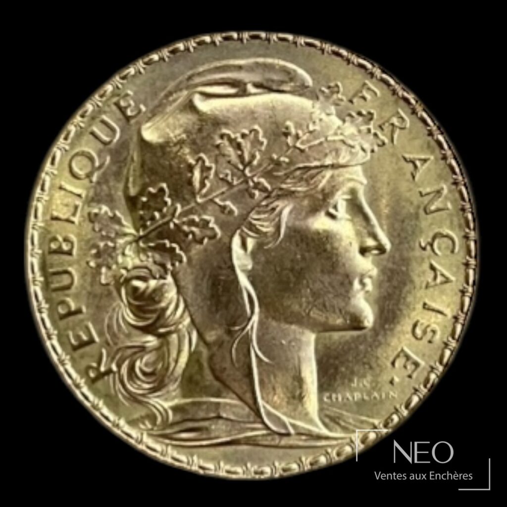 Avers de la pièce 20 francs Marianne au coq avec le profil de Marianne et l'inscription République française.