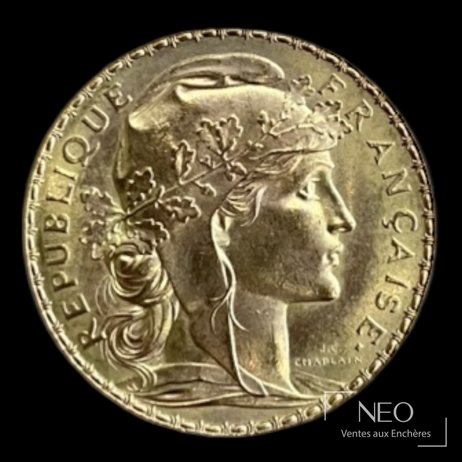 Avers de la pièce 20 francs Marianne au coq avec le profil de Marianne et l'inscription République française.