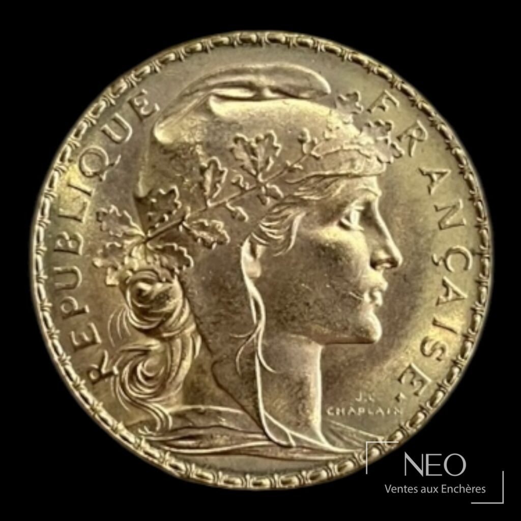 Avers d'une pièce 20 francs Marianne au coq avec le profil de Marianne.