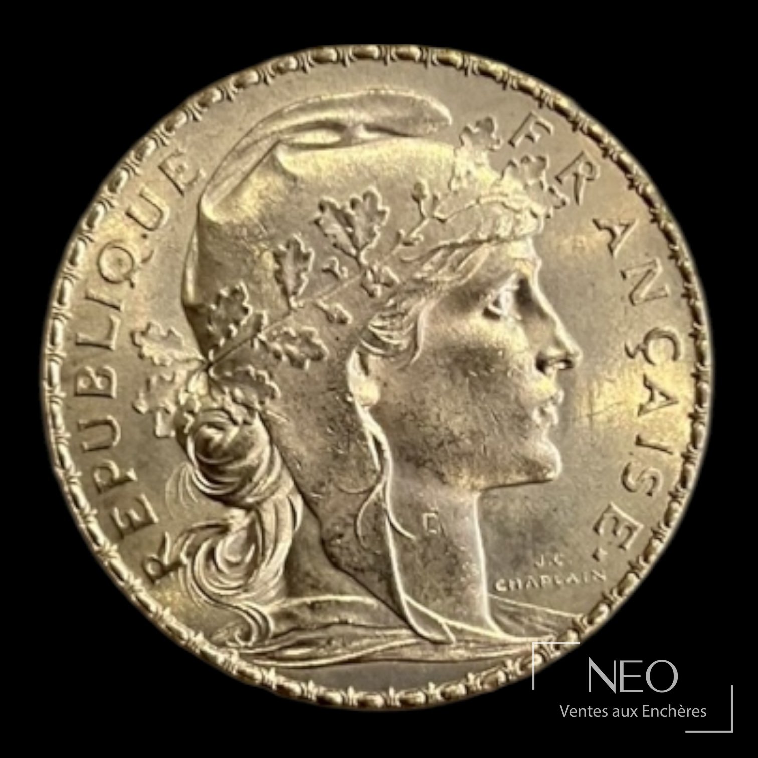 Avers d'une pièce de 20 francs Marianne au coq avec le profil de Marianne et la légende République française