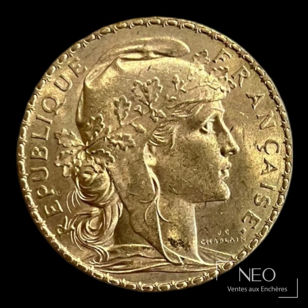 Avers d'une pièce de 20 francs Marianne au coq avec le profil de Marianne et la légende République française.