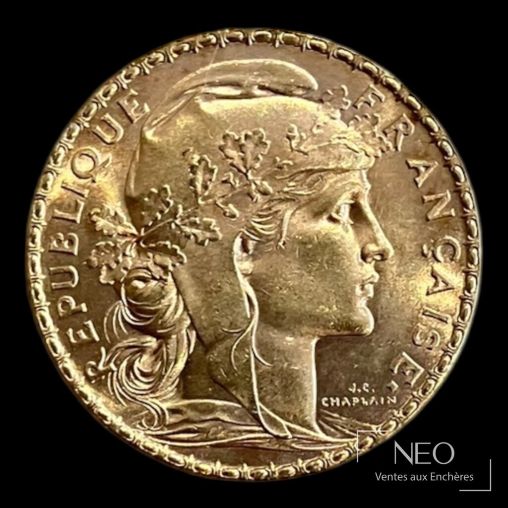 Avers d'une pièce de 20 francs en or Marianne au coq