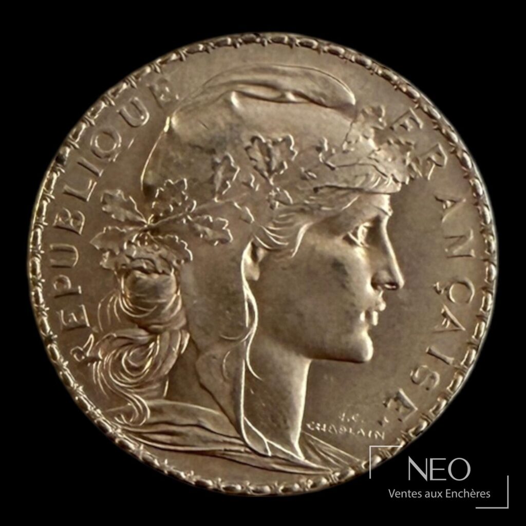 Avers d’une pièce 20 francs Marianne au coq avec profil de Marianne et légende circulaire