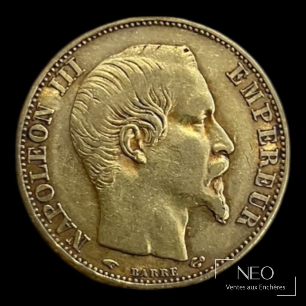 Avers d'une pièce de 20 francs Napoléon III tête nue