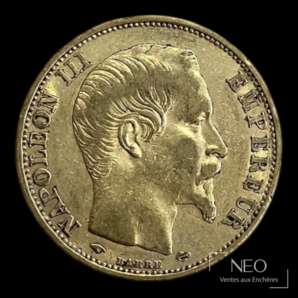 Avers d'une pièce de 20 francs Napoléon III tête nue