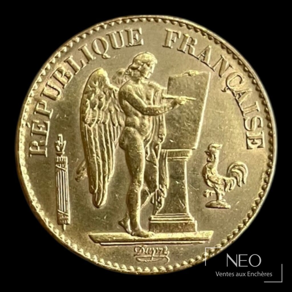Avers d'une pièce de 20 francs or Génie ailé avec l'inscription République française.