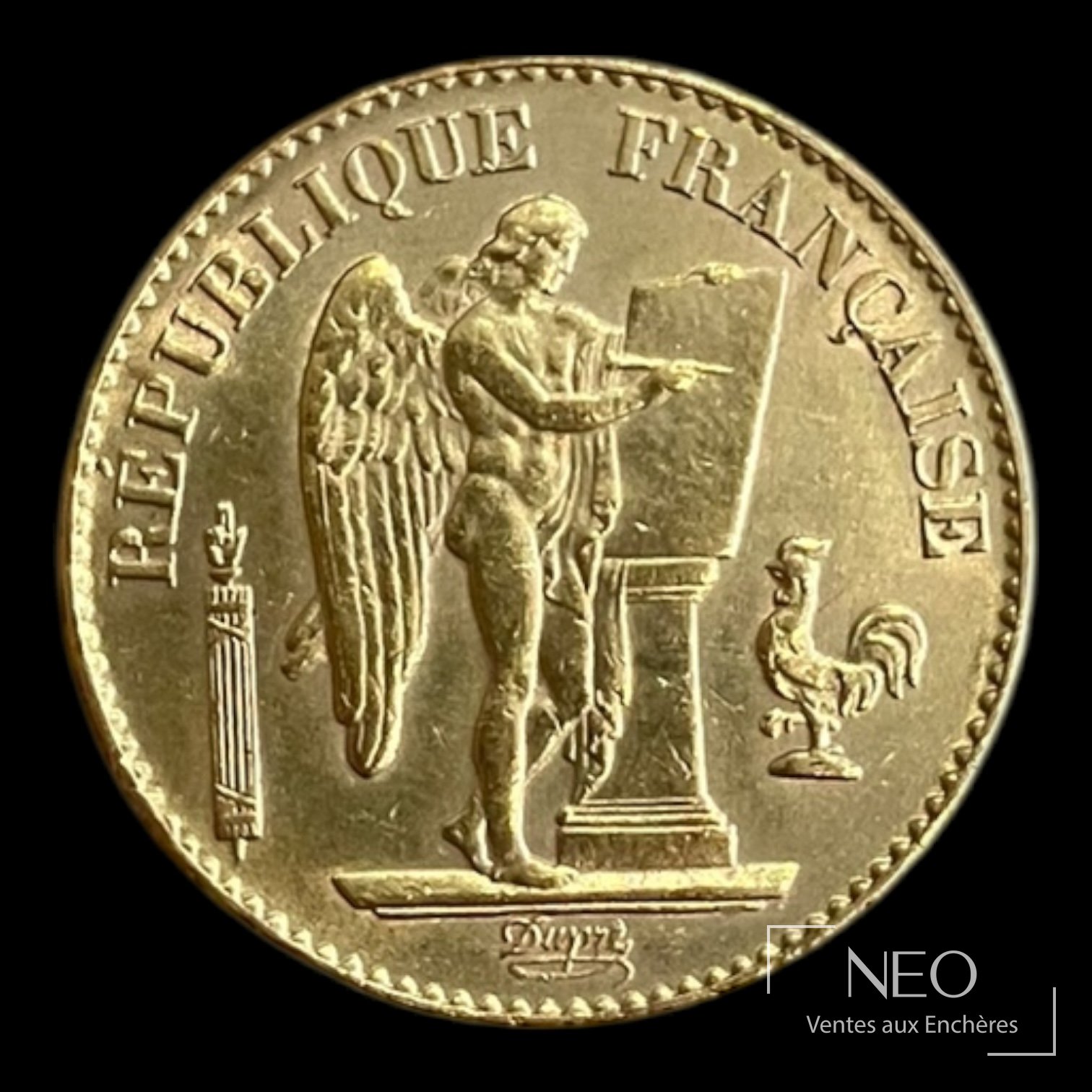 Avers d'une pièce de 20 francs or Génie ailé avec l'inscription République française.