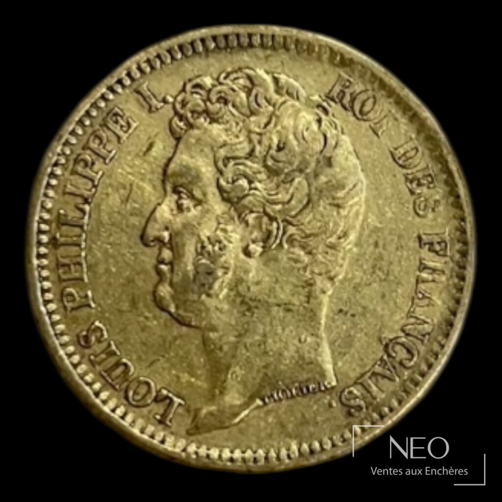 Avers d'une pièce de 20 francs or Louis Philippe Ier avec buste à gauche et légende circulaire.