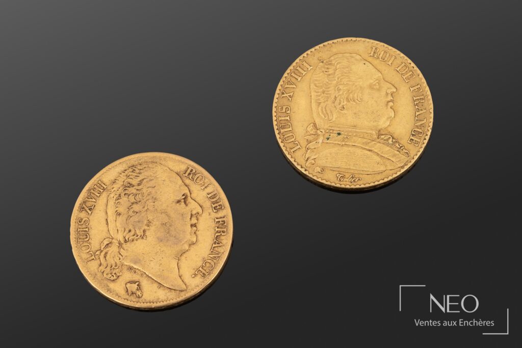 Deux pièces de 20 francs or Louis XVIII vues de face