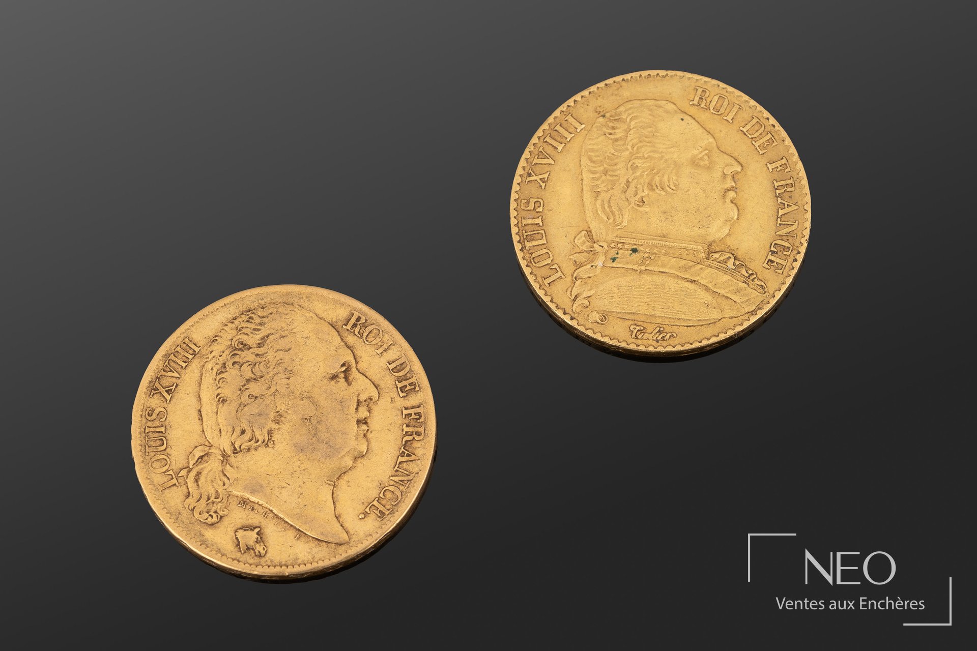 Deux pièces de 20 francs or Louis XVIII, 1815 et 1820, A Paris