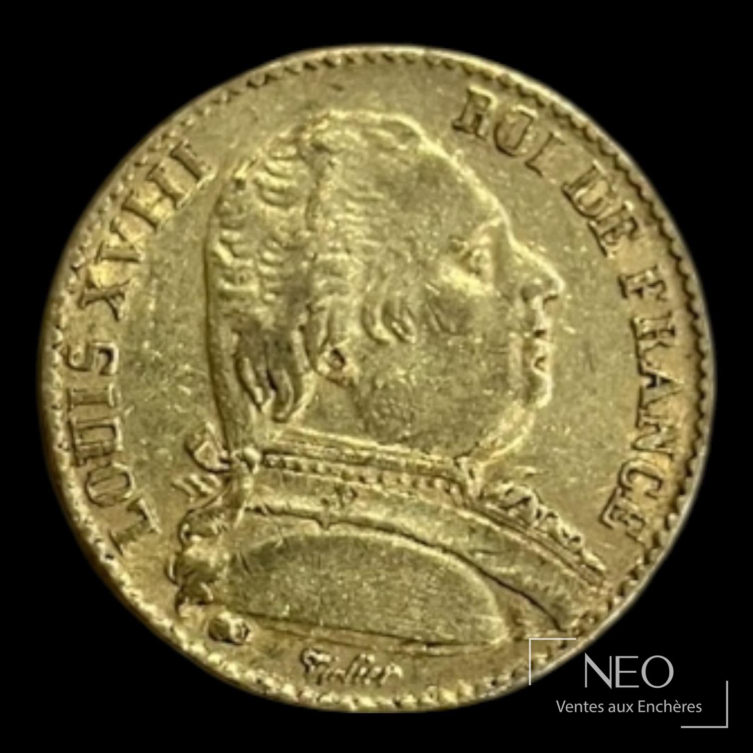 Avers d’une pièce de 20 francs or Louis XVIII tête nue.