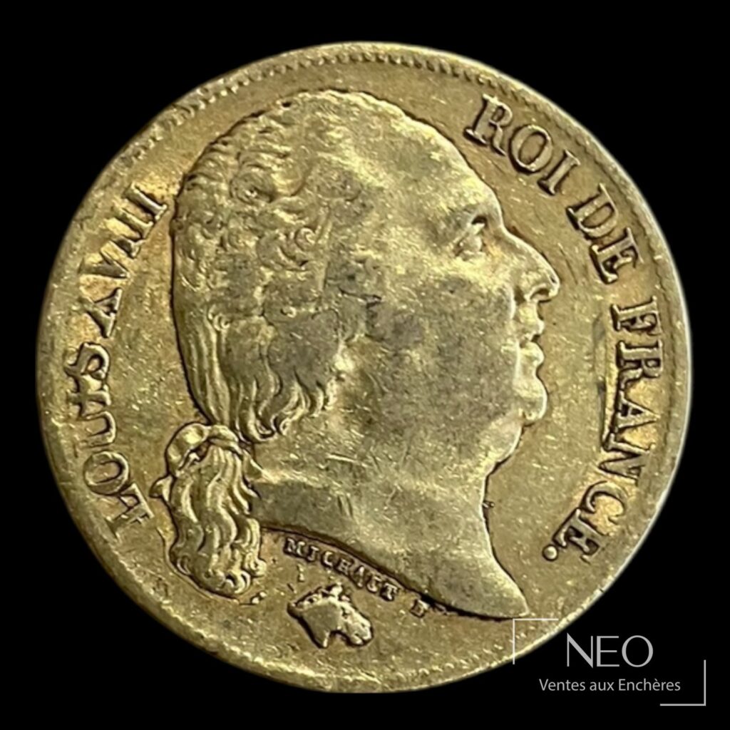 Avers d'une pièce de 20 francs or Louis XVIII tête nue