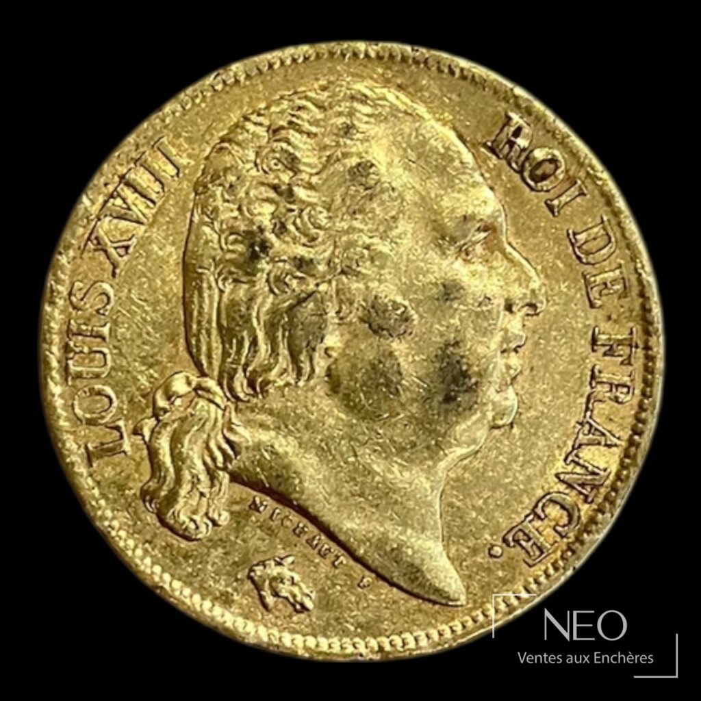 Portrait de Louis XVIII tête nue sur une pièce de 20 francs or