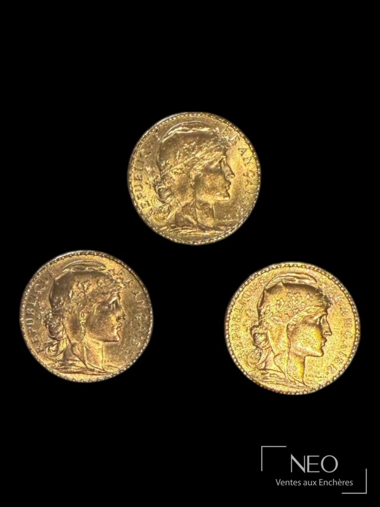 Trois pièces de 20 francs or Marianne au coq