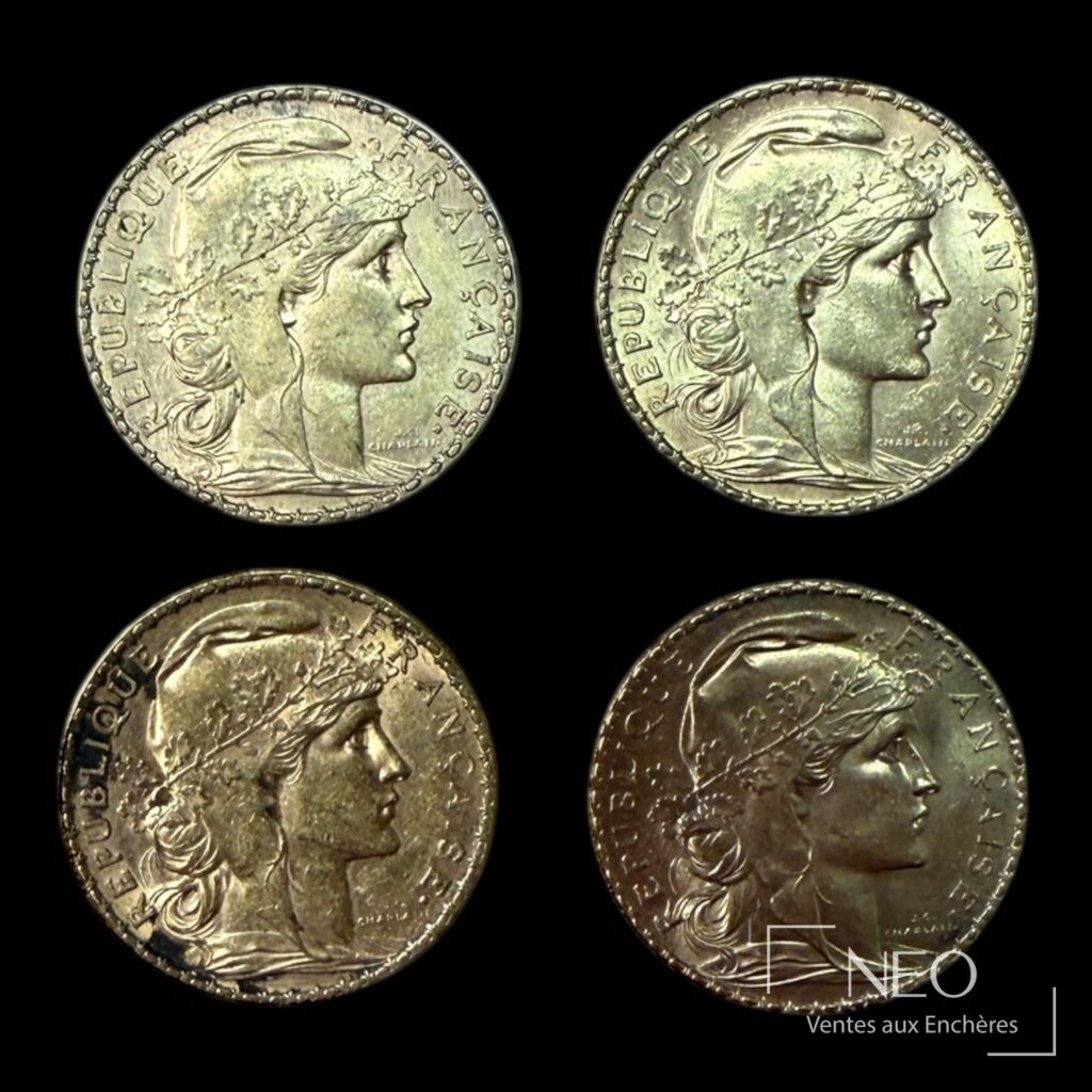 Quatre pièces de 20 francs or Marianne au coq