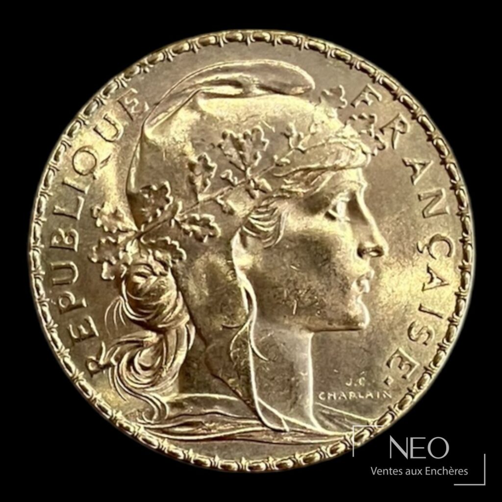 Avers d'une pièce de 20 francs en or Marianne au coq