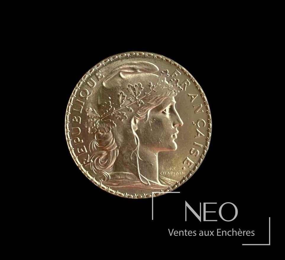 Avers d'une pièce de 20 francs en or Marianne au coq