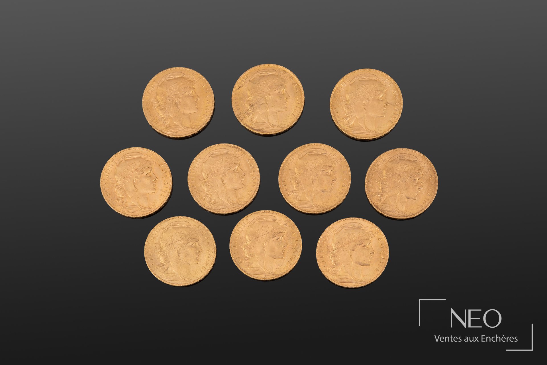 Lot de 10 pièces de 20 francs or Marianne au coq, 1913-1914