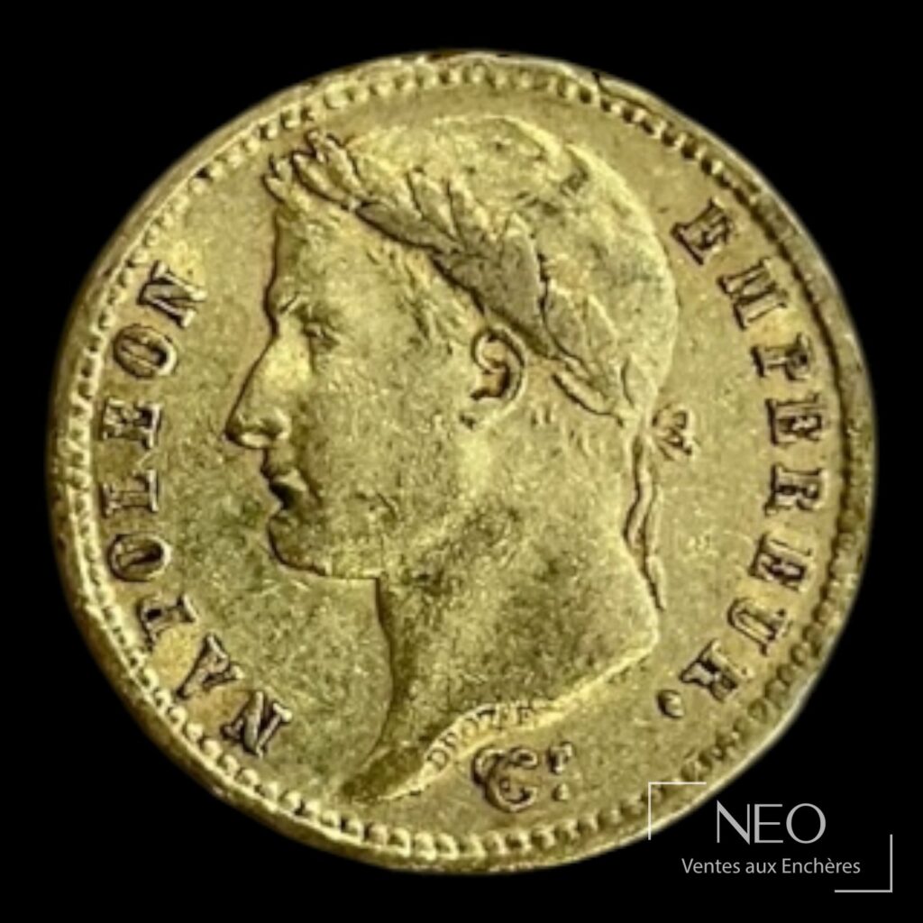Avers d'une pièce de 20 francs or Napoléon Ier tête laurée.