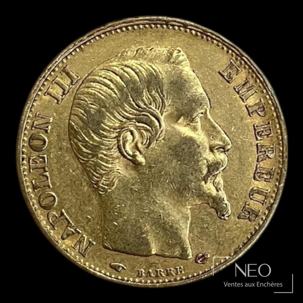 Avers d'une pièce de 20 francs or Napoléon III tête nue