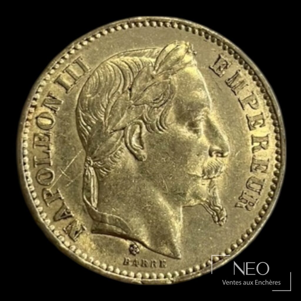 Avers d'une pièce de 20 francs or Napoléon III tête laurée