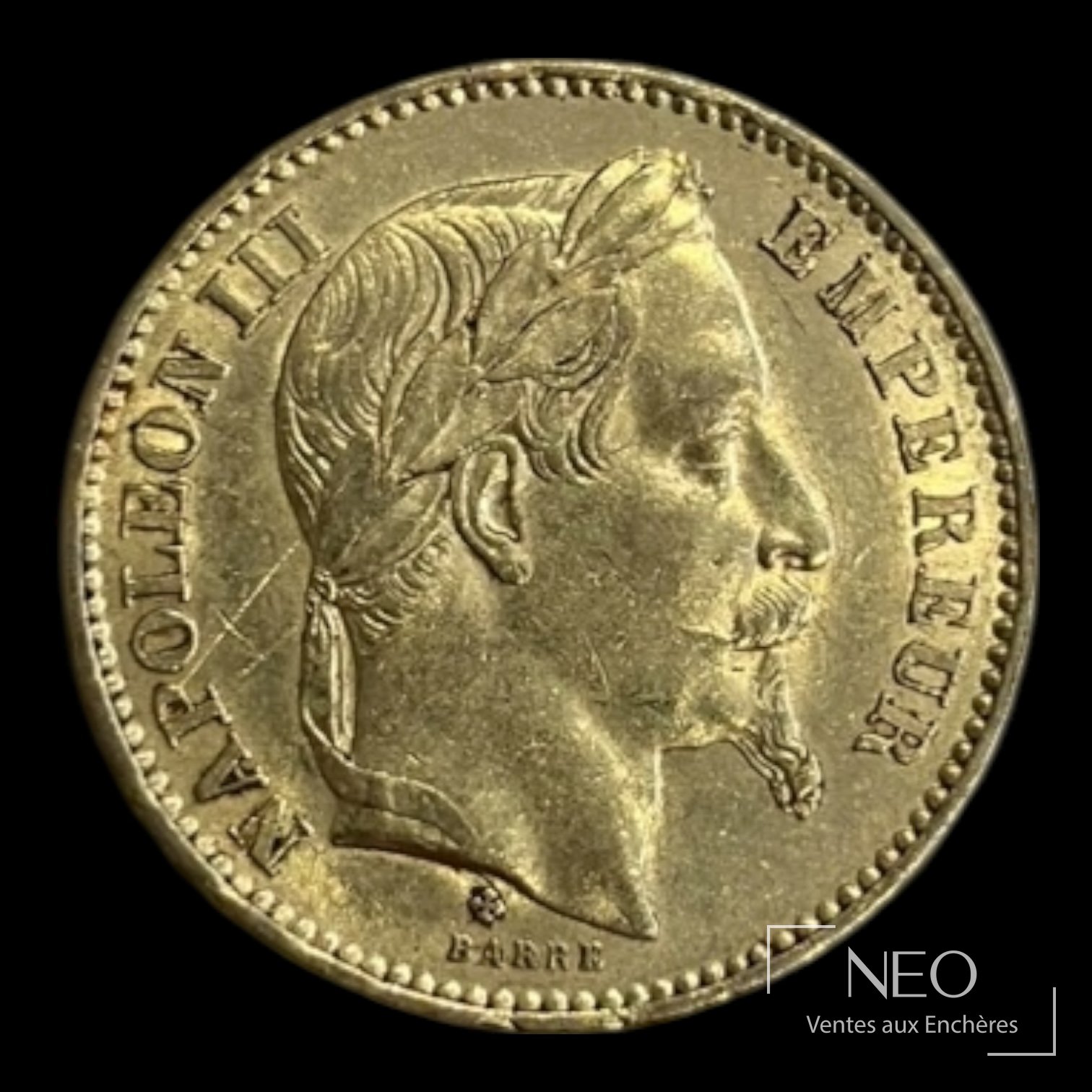 Avers d'une pièce de 20 francs or Napoléon III tête laurée