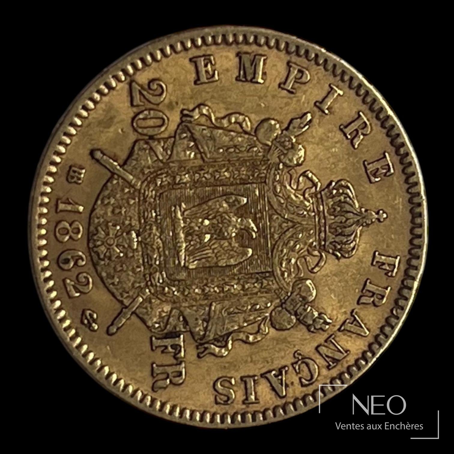 20 francs or Napoléon III tête laurée, 1862, BB, atelier Strasbourg
