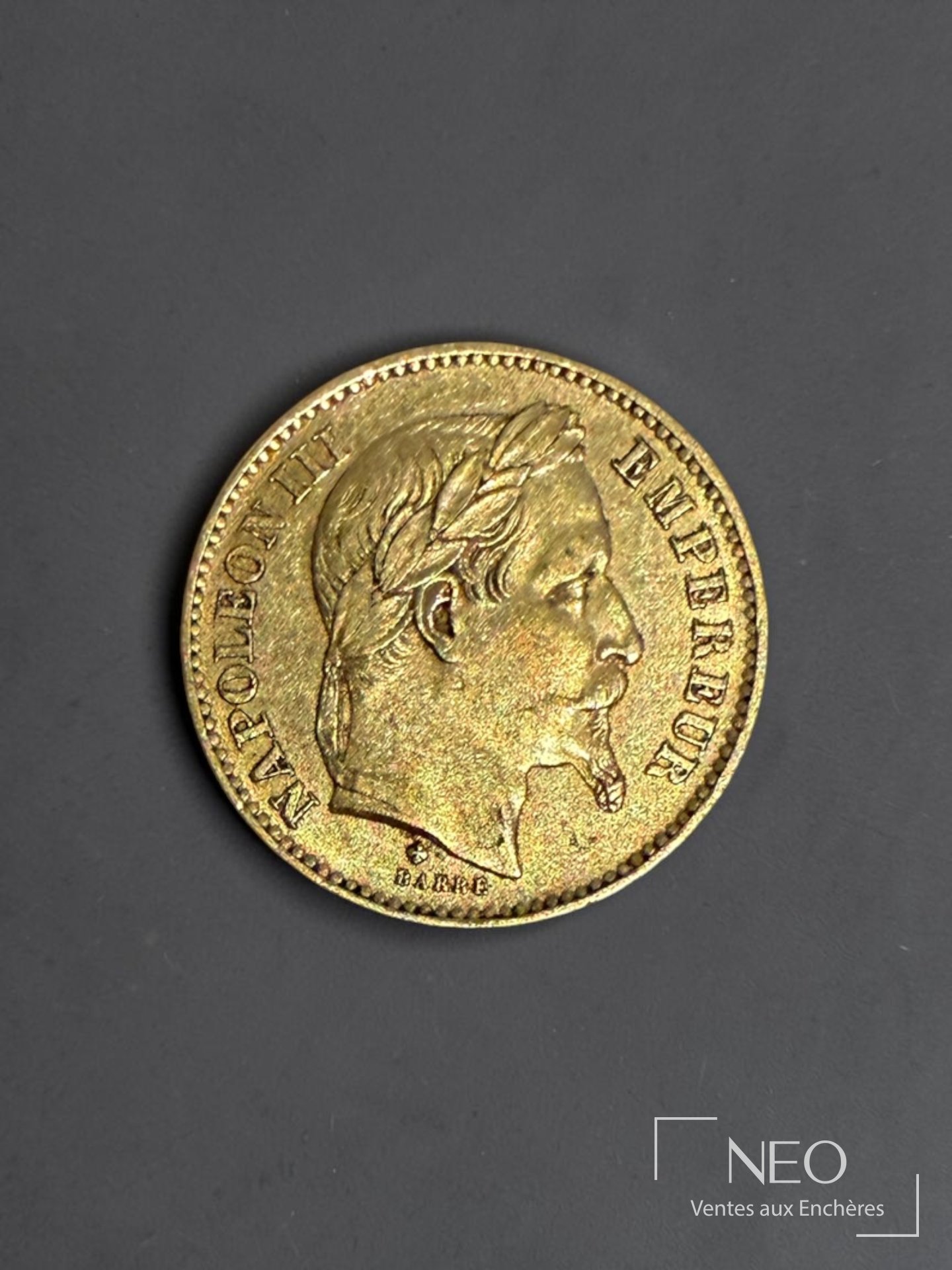 Pièce de 20 francs or Napoléon III tête laurée, 1867, A Paris