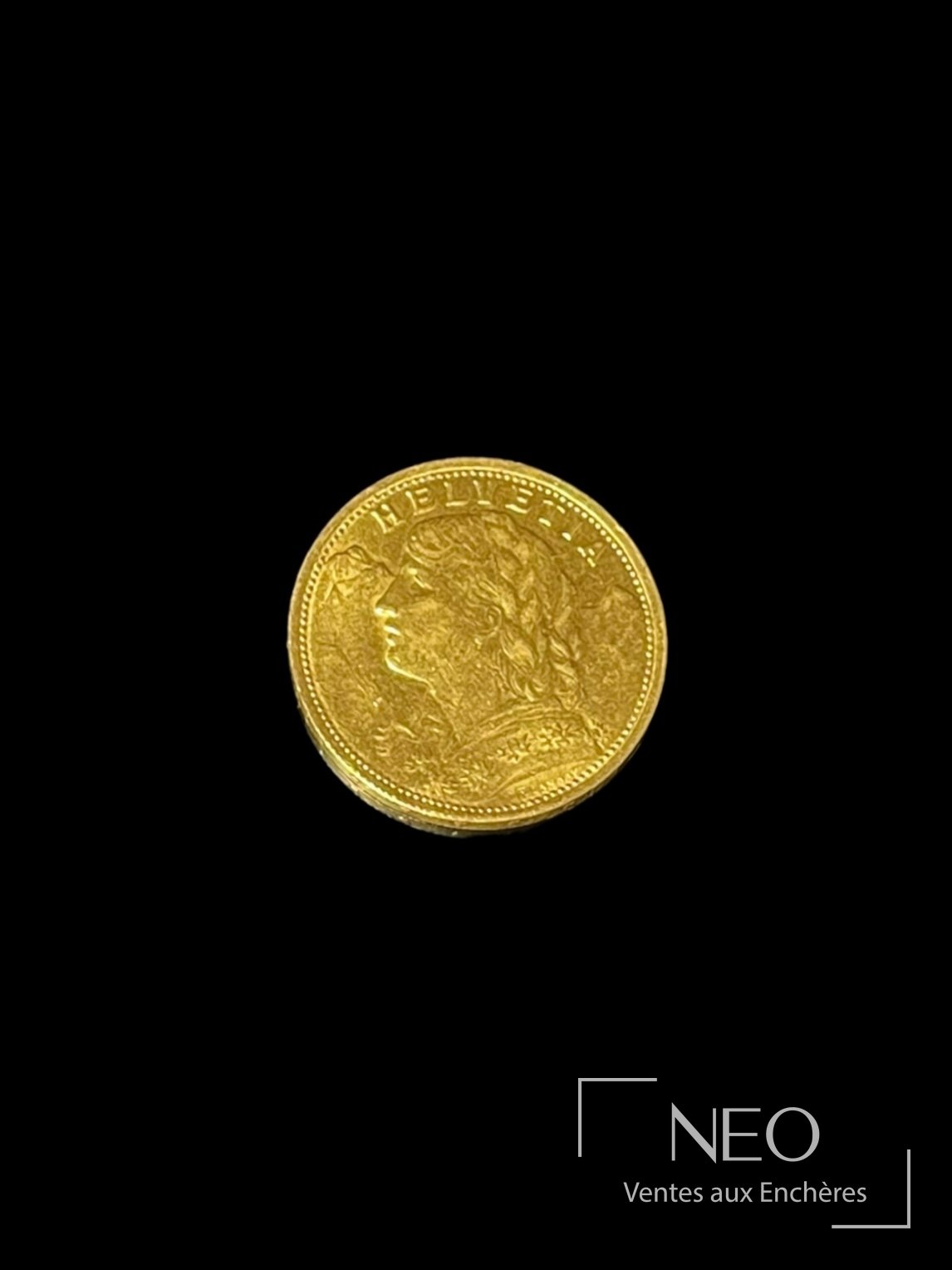Avers d'une pièce suisse de 20 francs Vreneli avec buste féminin tourné vers la gauche.