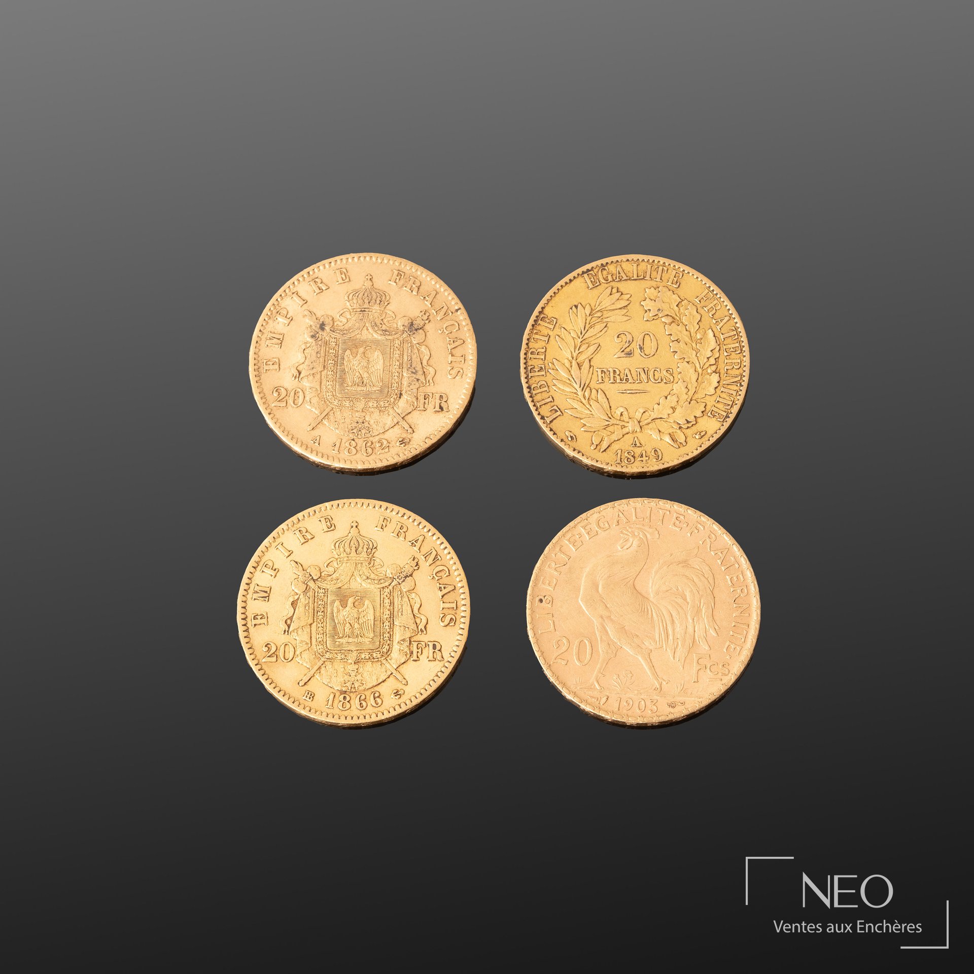 4 pièces de 20 francs or Cérès, Napoléon III et Marianne au coq