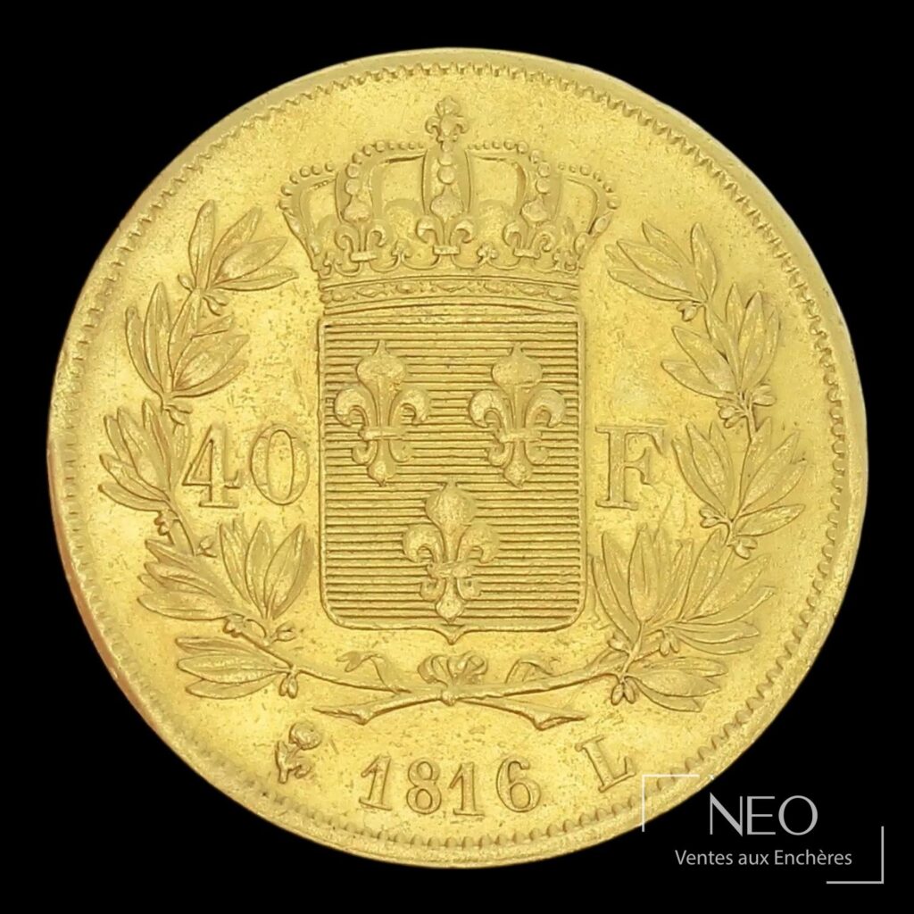 Avers d'une pièce de 40 francs or Louis XVIII avec buste du roi et légende circulaire