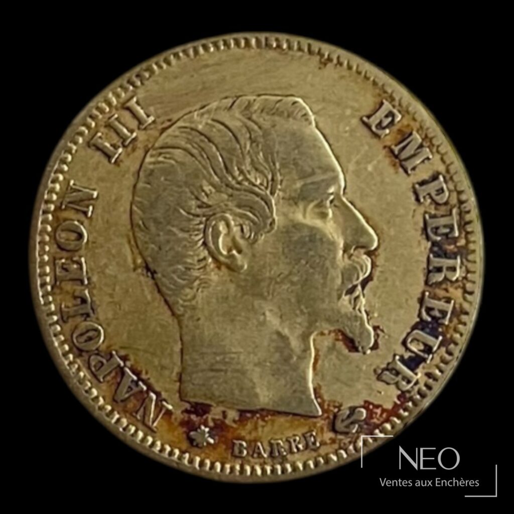 Avers d'une pièce de 5 francs or Napoléon III tête nue 1859 BB Strasbourg