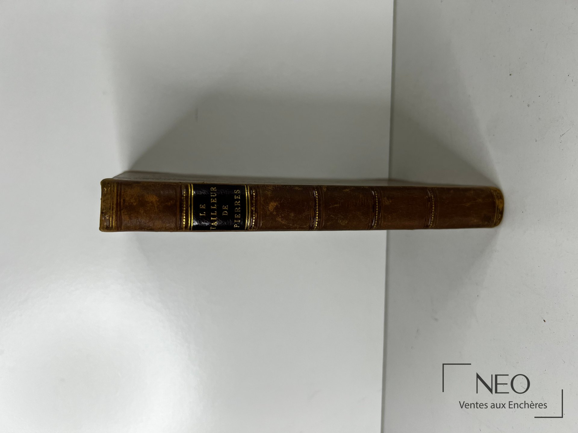 Dos d'un livre en demi basane brune avec titre doré et nerfs apparents