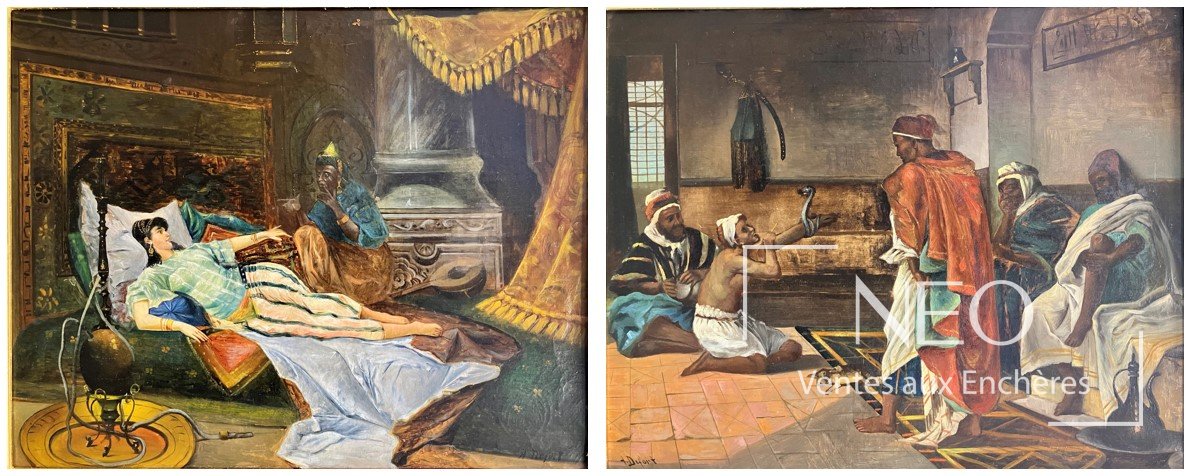 A. Defort, deux tableaux orientalistes, Olympia au narguilé et Le dompteur de serpent
